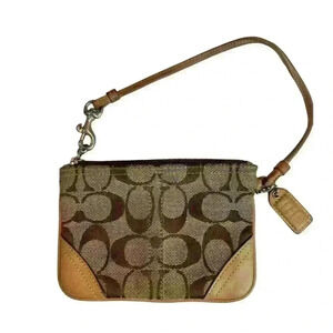 Coach Brown Canvas Leather Wristlet with Monogram Pattern